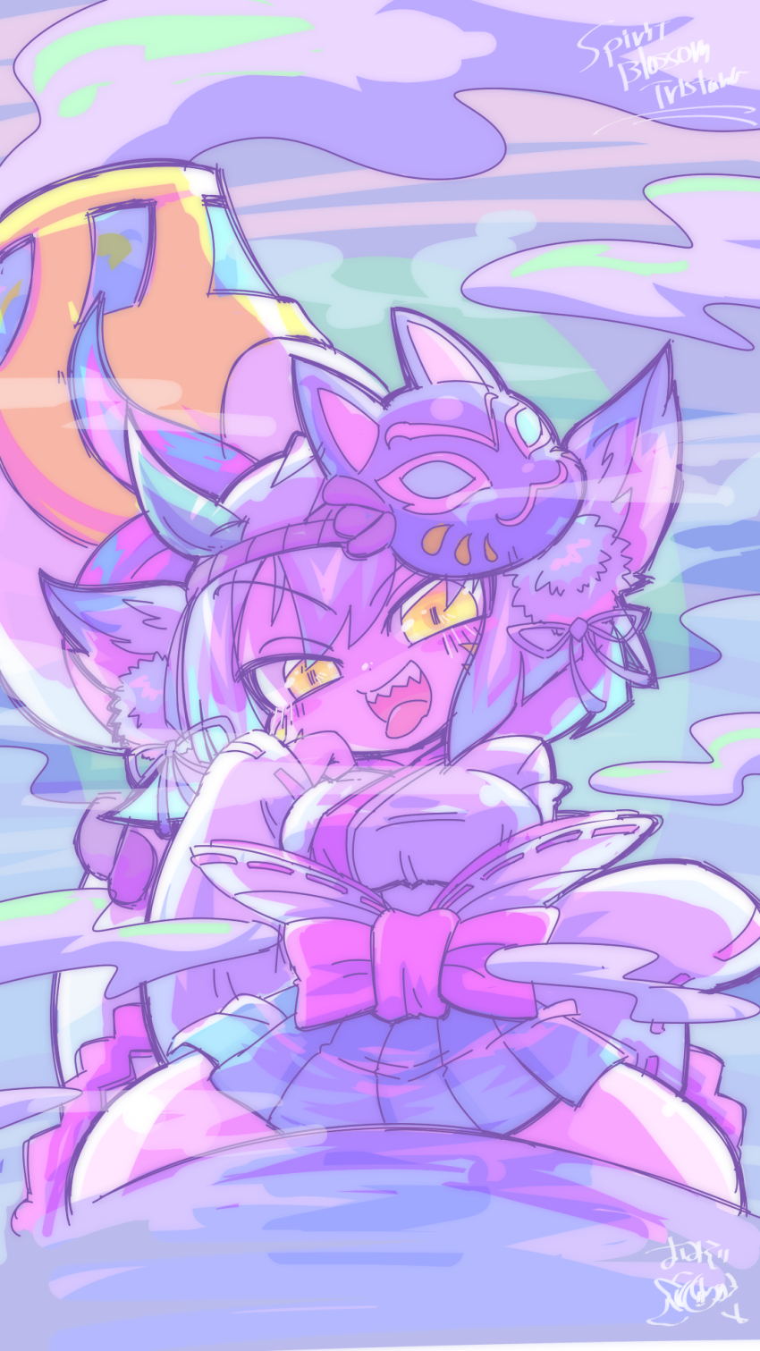 1girl arm_at_side bow breasts character_name chibi colored_skin dot_nose feet_out_of_frame female_focus from_below green_skirt hand_on_own_face highres kayo!!_(gotoran) league_of_legends long_sleeves looking_at_viewer mask mask_on_head medium_breasts naughty_face official_alternate_costume open_mouth pink_shirt pink_skin pointy_ears sharp_teeth shirt short_hair sitting skirt solo spirit_blossom_tristana teeth tongue tongue_out tristana tristana_(league_of_legends) two-tone_shirt upper_teeth_only white_hair white_shirt yellow_eyes yordle