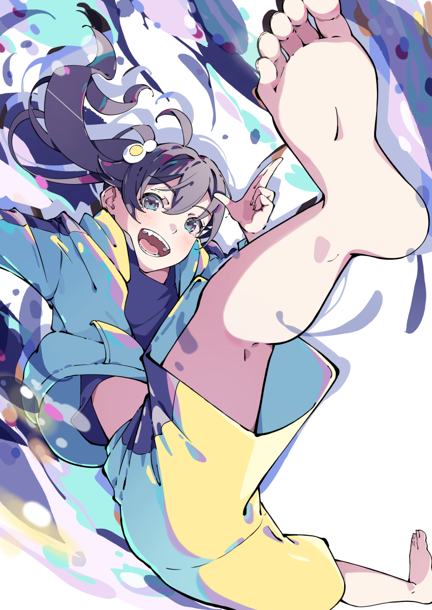 1girl :d absurdres ahoge araragi_karen barefoot black_hair blue_shirt blush egg_hair_ornament eyelashes feet floating_hair food-themed_hair_ornament foot_focus foreshortening full_body grey_eyes hair_between_eyes hair_ornament hand_up hatanana_(ag6uptphhal3frd) highres jacket legs long_sleeves looking_at_viewer midair monogatari_(series) nisemonogatari open_clothes open_jacket open_mouth ponytail shadow shirt shorts smile soles solo teeth toenails toes tongue yellow_shorts
