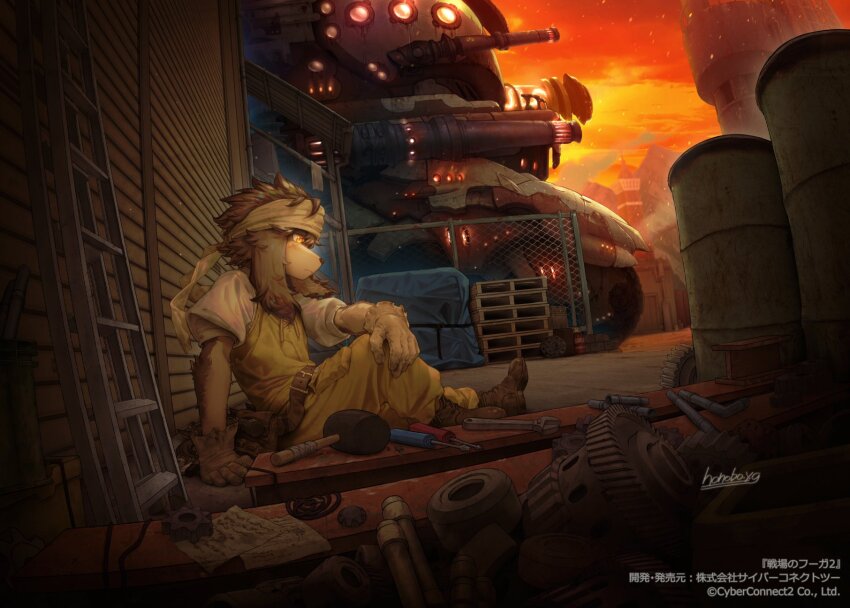 1boy ahonobo animal_ears artist_name boots brown_footwear closed_mouth commentary_request copyright_notice cross_scar dog_boy dog_ears dog_tail facial_scar furry furry_male gloves headband highres jin_macchiato little_tail_bronx male_focus mallet on_floor orange_eyes orange_sky profile scar scar_on_cheek scar_on_face screwdriver senjou_no_fuuga signature sitting sky tail tool_belt tools wrench