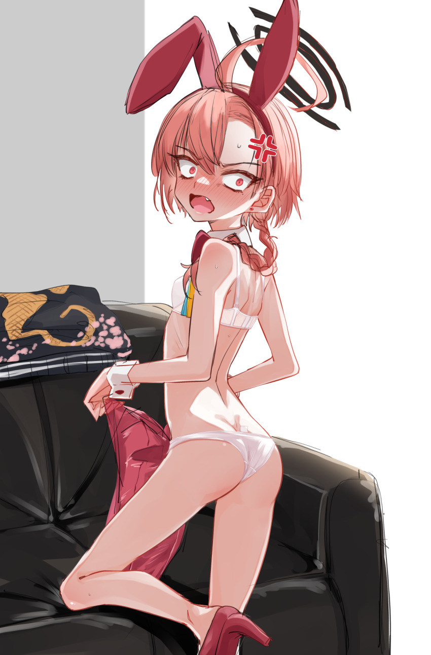 1girl ahoge anger_vein animal_ears ass black_halo blue_archive blush bra breasts changing_clothes commentary crotch_seam detached_collar fake_animal_ears hair_behind_ear halo highres holding_cloth loli looking_at_viewer momendoufu neru_(blue_archive) neru_(bunny)_(blue_archive) nipples open_mouth panties panty_tag playboy_bunny rabbit_ears red_eyes red_hair romaji_commentary small_breasts solo underwear underwear_only white_bra white_panties