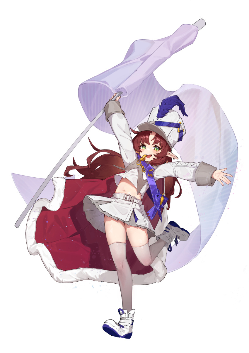 1girl absurdres arknights commentary_request flag green_eyes grey_thighhighs hat highres holding holding_flag korean_commentary long_hair long_sleeves midriff miniskirt myrtle_(arknights) myrtle_(light_gold_celebration)_(arknights) navel official_alternate_costume open_mouth pointy_ears red_hair shoes skirt solo standard_bearer thighhighs white_background white_shoes white_skirt white_thighhighs yagantoegeun