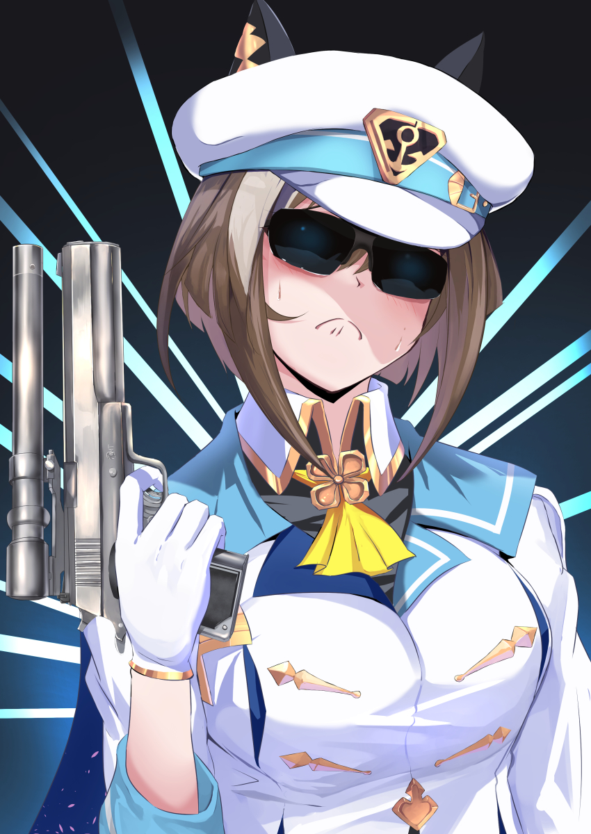 1girl absurdres amt_hardballer amt_hardballer_longslide animal_ears arcadia_machine_&amp;_tool ascot breasts brown_hair butter_curry cheval_grand_(umamusume) ear_covers gloves gun hair_between_eyes handgun hat hat_belt highres holding holding_gun holding_weapon horse_ears horse_girl jacket large_breasts long_sleeves m1911 multicolored_hair parody peaked_cap solo streaked_hair sunglasses terminator_(series) the_terminator umamusume upper_body weapon white_gloves white_hair white_hat white_jacket yellow_ascot