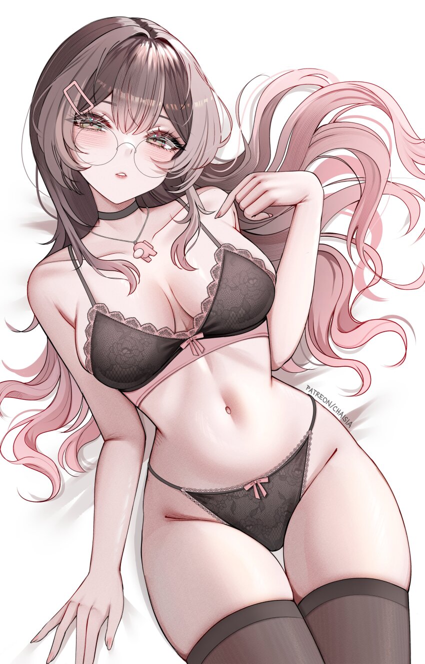 1girl absurdres among_us bare_shoulders black-framed_eyewear black_bra black_choker black_panties black_thighhighs blush bra breasts breasts_apart brown_hair chaisia_art choker collarbone commentary crewmate_(among_us) english_commentary fingernails glasses gradient_hair green_eyes hair_between_eyes hair_ornament hairclip hand_up highres jewelry lace lace-trimmed_bra lace-trimmed_panties lace_trim large_breasts lips long_hair looking_at_viewer lying multicolored_hair navel on_back original panties parted_lips patreon_username pendant pink_hair red_(among_us) round_eyewear solo stomach thighhighs underwear very_long_hair