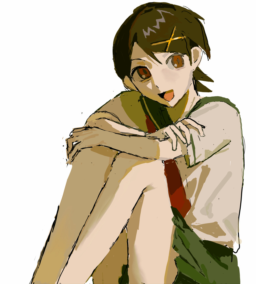 1girl absurdres arms_on_knees bare_legs blue_sailor_collar blue_skirt brown_hair collared_shirt crossed_arms feet_out_of_frame fuura_kafuka hair_ornament hairclip happy highres jacket knees_up looking_at_viewer miniskirt necktie niao878280 open_mouth pleated_skirt red_eyes red_necktie sailor_collar sayonara_zetsubou_sensei school_uniform serafuku shirt short-sleeved_jacket short_hair short_sleeves simple_background sitting skirt smile solo white_background white_shirt white_sleeves x_hair_ornament