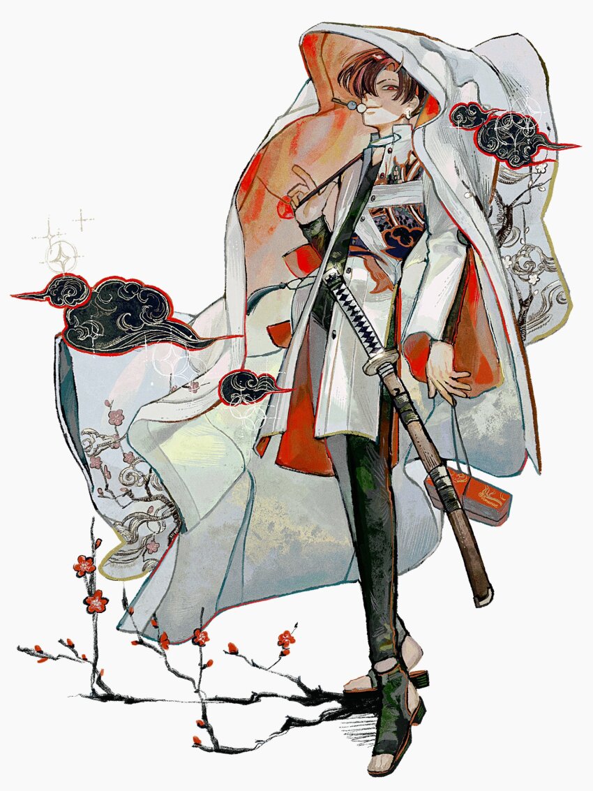 0onamae 1boy black_pants dango earrings eyebrow_cut fate/grand_order fate_(series) food full_body hair_over_one_eye highres holding holding_sword holding_weapon jacket jewelry katana long_sleeves looking_at_viewer male_focus pants red_eyes red_hair sheath sheathed short_hair simple_background smile solo sword takasugi_shinsaku_(fate) takasugi_shinsaku_(first_ascension)_(fate) wagashi weapon white_background white_jacket