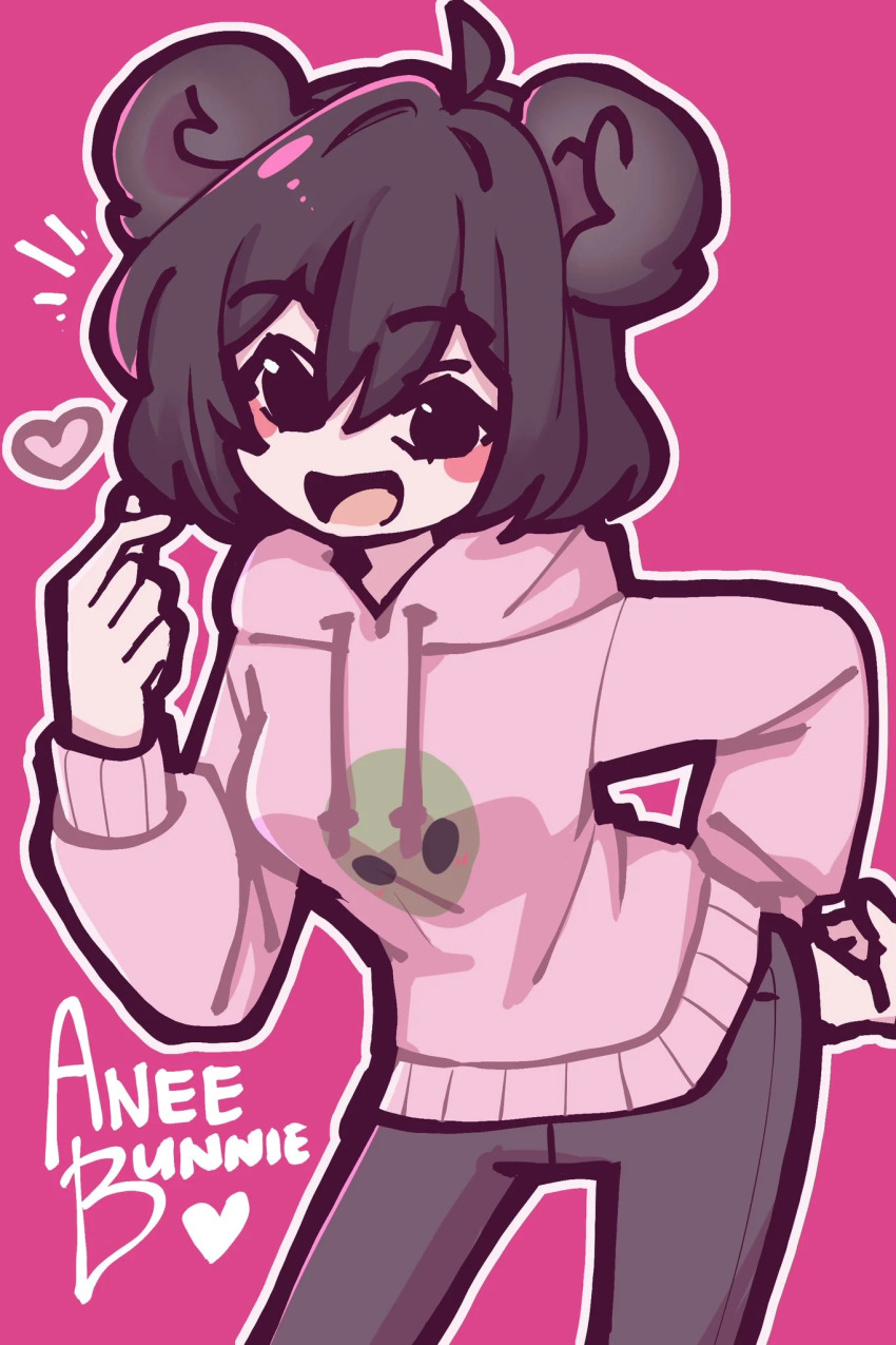 1girl ahoge animal_ears apandah_(youtube) bear_ears black_eyes black_hair blush blush_stickers breasts darksushii denim female_focus genderswap genderswap_(mtf) hair_between_eyes hand_on_own_hip heart highres jeans long_sleeves medium_breasts mob_face open_mouth panda panda_ears pants pink_background pointing pointing_at_self raised_eyebrows short_hair simple_background smile solo solo_focus tagme tongue youtube
