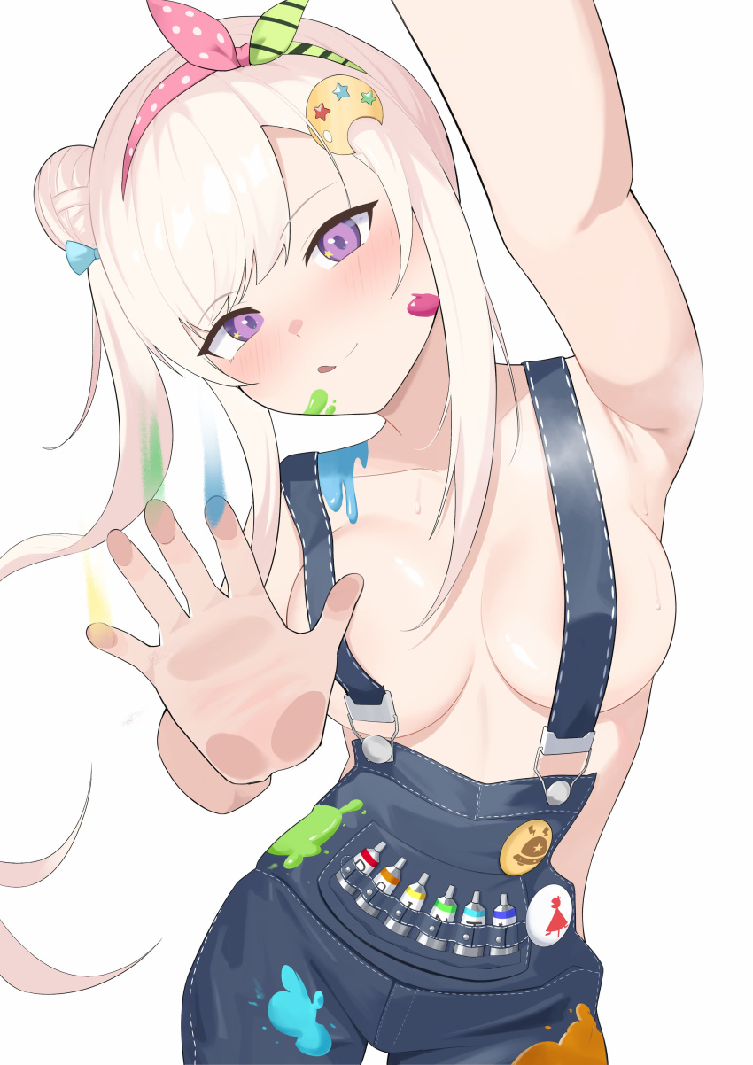 1girl absurdres airani_iofifteen armpits bare_shoulders blue_suspenders breasts cowboy_shot duplicate hair_bun highres hololive hololive_indonesia large_breasts paint_on_body paint_on_clothes paint_splatter paint_splatter_on_face pixel-perfect_duplicate purple_eyes shift_(shiftillust) simple_background solo suspenders sweat virtual_youtuber white_background white_hair