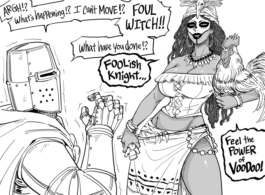 1girl 1koma 1other absurdres animal armor bb_(baalbuddy) bird carrying chicken comic commentary dark-skinned_female dark_skin earrings english_commentary english_text facepaint full_armor greyscale grin headscarf helm helmet highres holding hoop_earrings jewelry long_hair looking_at_another midriff monochrome necklace original sarong segmented_comic smile stomach strapless very_long_hair voodoo_doll
