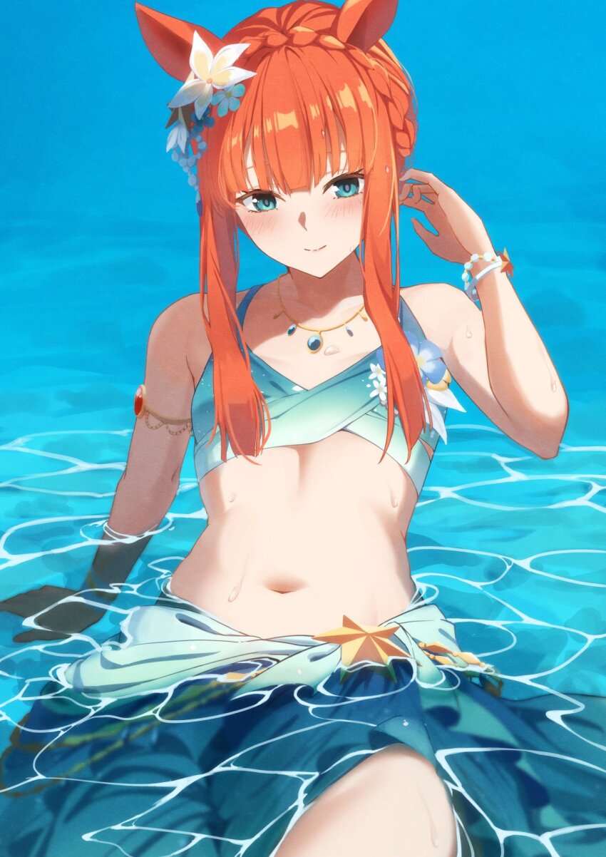 1girl adjusting_hair animal_ears aqua_bikini aqua_sarong arm_support armlet bare_arms bare_shoulders bikini blue_sarong blunt_bangs blunt_tresses blush bow bow_bikini bracelet braid closed_mouth crown_braid ear_flower flat_chest flower flower_on_chest gem gradient_bikini gradient_sarong green_bikini green_sarong hair_flower hair_ornament hand_on_floor highres horse_ears horse_girl in_water jewelry kagari_liroi long_hair looking_at_viewer navel necklace ocean official_alternate_costume official_alternate_hairstyle on_floor orange_hair plumeria sarong sarong_hold sidelocks silence_suzuka_(emerald_on_the_waves)_(umamusume) silence_suzuka_(umamusume) sitting smile star_bracelet stomach swimsuit umamusume very_long_hair water wet wet_clothes