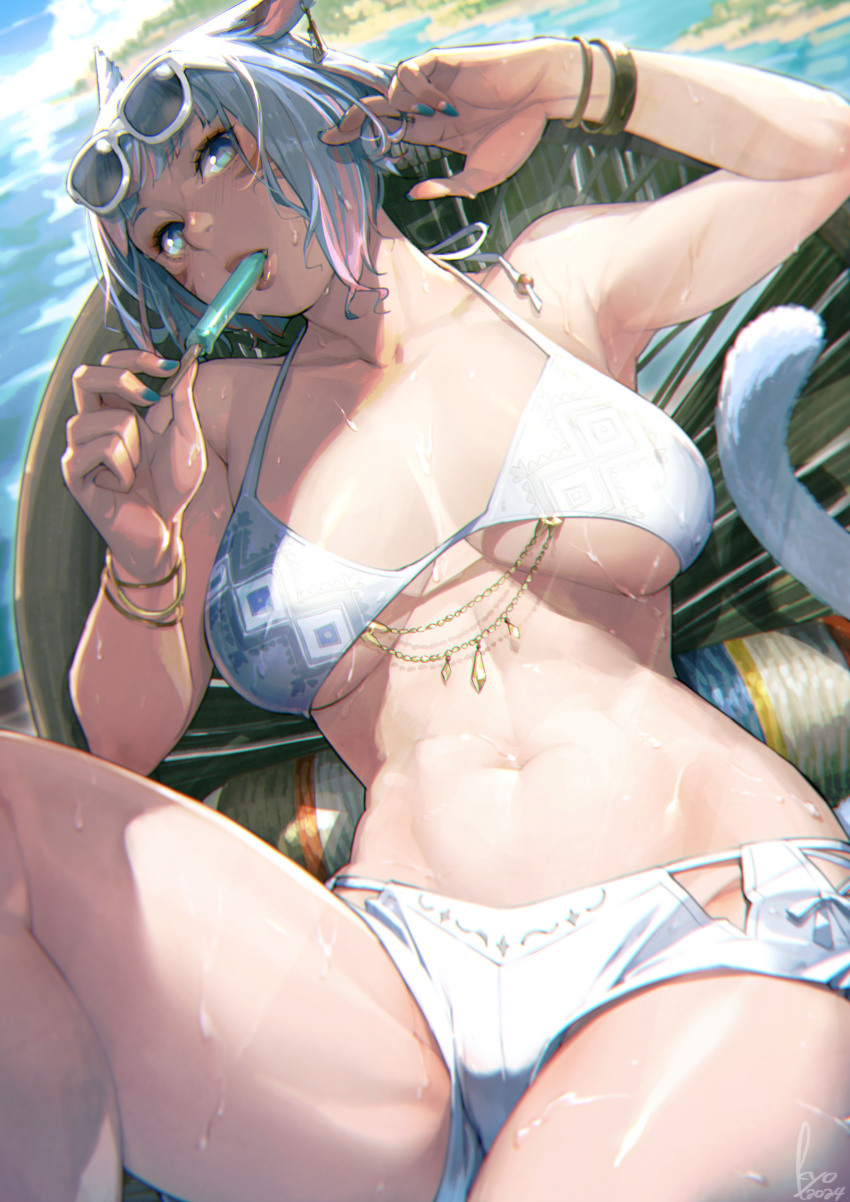 1girl absurdres animal_ears bikini bracelet breasts character_request cloud cloudy_sky eyewear_on_head final_fantasy final_fantasy_xiv food food_in_mouth grey_hair highres jewelry kyo_(kuroichigo) looking_at_viewer lying multiple_bracelets ocean on_back popsicle popsicle_in_mouth short_hair sky solo sunglasses swimsuit tail white_bikini