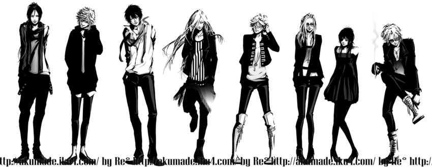 bad_id bad_pixiv_id belphegor_(reborn) bianchi breasts chrome_dokuro dino_(reborn) formal_clothes greyscale katekyo_hitman_reborn! long_hair monochrome multiple_boys multiple_girls pantyhose re_degrees_(red_flagship) rokudou_mukuro short_hair smile suit superbi_squalo xanxus
