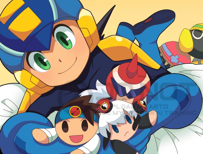 1boy blue_bodysuit blue_helmet bodysuit egao_nina6 eugene_chaud_(mega_man) green_eyes helmet highres lan_hikari_(mega_man) lying male_focus mega_man_(series) mega_man_battle_network_(series) megaman.exe met_(mega_man) on_stomach protoman.exe solo stuffed_toy watermark
