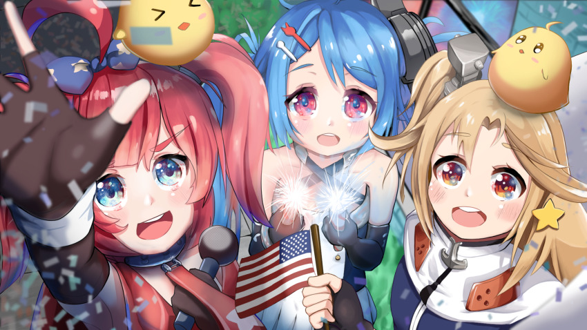 3girls aged_down ahoge american_flag azur_lane bare_shoulders blonde_hair blue_eyes blue_hair blue_jacket cape clevelad_(azur_lane) cleveland_(azur_lane) dress fireworks flag gloves hair_ornament hairclip helena_(azur_lane) highres holding holding_flag jacket lena_(azur_lane) lil_sandy_(azur_lane) long_hair manjuu_(azur_lane) miniskirt multiple_girls necktie one_side_up pink_eyes red_eyes red_hair remirii san_diego_(azur_lane) skirt socks sparkler twintails