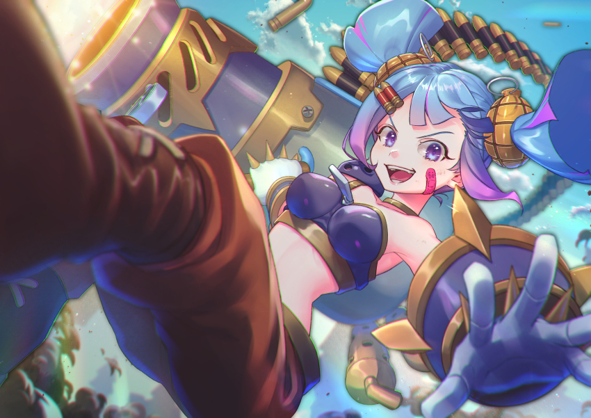 1girl absurdres amelia_(idle_heroes) ammunition_pouch bandaid bandaid_on_face black_shirt blue_eyes blue_hair boots brown_boots brown_pants bullet_hair_ornament eyelashes gloves gold_choker grenade_hair_ornament highres idle_heroes midriff open_mouth outstretched_arms pants pouch shirt solo spiked_gloves spread_arms teeth tendoshi white_gloves