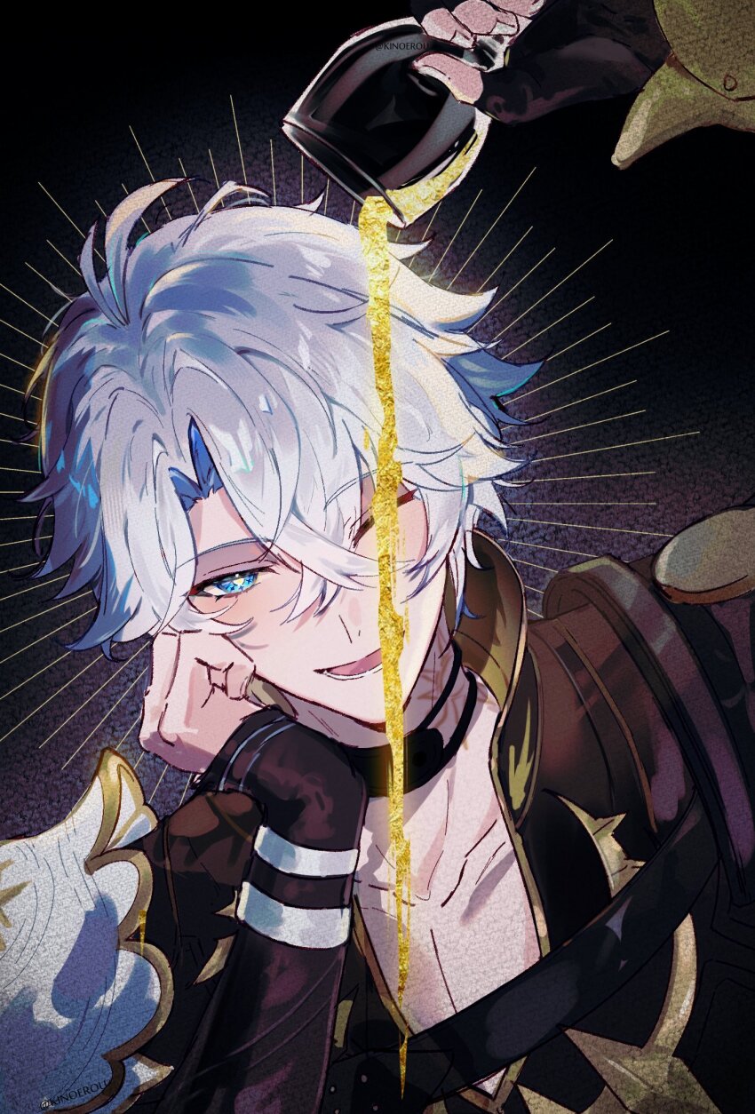1boy :d antenna_hair armor black_choker black_shirt blue_eyes choker commentary cup hand_up head_rest highres holding holding_cup honkai:_star_rail honkai_(series) kinoerou liquid_gold looking_at_viewer male_focus one_eye_closed open_mouth pauldrons phainon_(honkai:_star_rail) pouring shirt short_hair shoulder_armor single_pauldron smile solo sun_symbol sun_tattoo tan upper_body white_hair