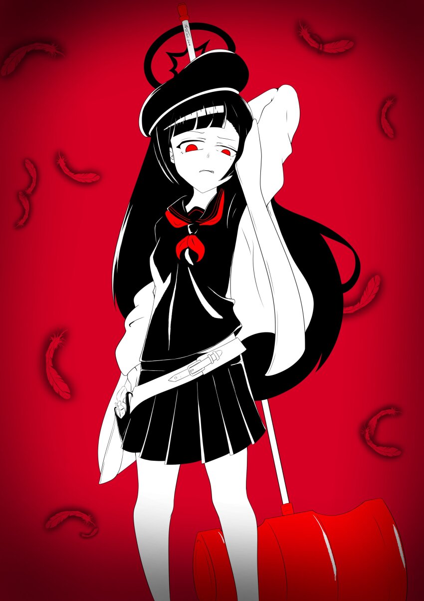 1girl absurdres banmin banmin_chan black_hair blue_archive breasts colored_skin eizoku_shizu eyeshadow eyeshadow_under_eye highres hime_cut large_breasts lipstick long_hair makeup military_lolita mole permabanned red_eyes thick_thighs thighs virtual_youtuber white_skin
