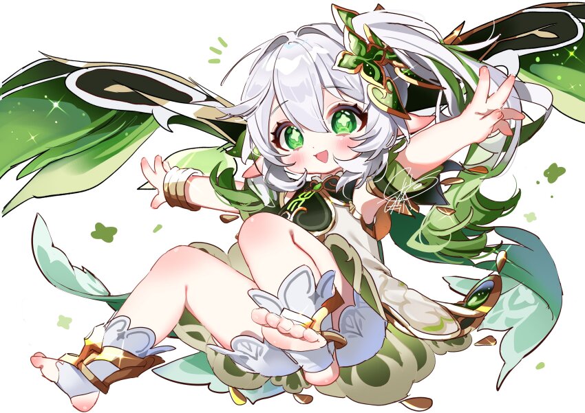 1girl absurdres bare_shoulders bloomers blush bracelet cape commentary_request detached_sleeves dress gem genshin_impact gold_trim gradient_hair green_cape green_eyes green_gemstone green_hair green_sleeves hair_between_eyes highres jewelry long_hair meda_cha multicolored_hair nahida_(genshin_impact) open_mouth outdoors side_ponytail signature simple_background sleeveless sleeveless_dress solo star-shaped_pupils star_(symbol) stirrup_legwear symbol-shaped_pupils toeless_legwear toes underwear white_background white_bloomers white_dress white_hair
