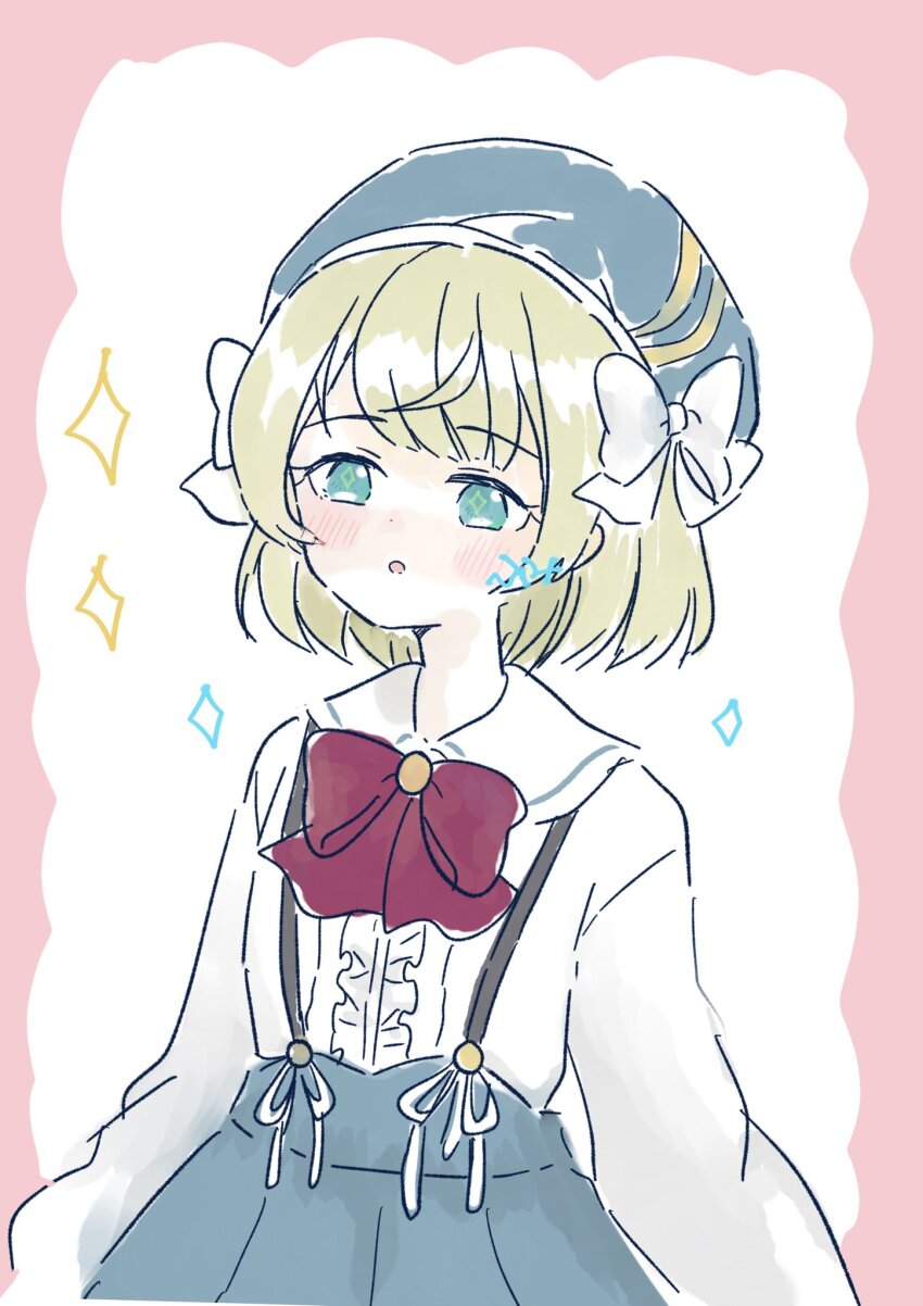1girl :o arms_at_sides artist_name assault_lily beret blonde_hair blue_eyes blue_hat blue_skirt blush border bow bowtie center_frills commentary_request diamond_(shape) esaka_shizuku frilled_shirt frills fumi_(fumifumi3axl) hair_bow hat herensuge_girls_academy_school_uniform high-waist_skirt highres long_sleeves looking_at_viewer outside_border parted_lips pink_border pleated_skirt red_bow red_bowtie school_uniform shirt short_hair simple_background skirt solo standing suspender_skirt suspenders symbol_in_eye upper_body white_background white_bow white_shirt