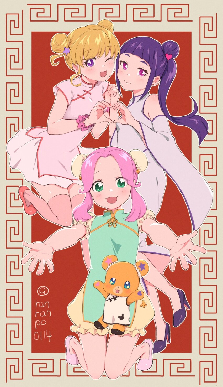 3girls :d alternate_costume asahina_mirai blonde_hair blunt_bangs border bun_cover china_dress chinese_clothes detached_sleeves double_bun dress flats full_body green_dress green_eyes hair_bun hair_ornament hanami_kotoha heart heart_hair_ornament heart_hands heart_hands_duo high_heels highres holding_hands izayoi_liko kneeling light_smile long_hair long_sleeves looking_at_viewer mahou_girls_precure! mandarin_collar mofurun_(mahou_girls_precure!) multiple_girls one_eye_closed one_side_up open_mouth outline outstretched_arms parted_bangs pink_dress pink_eyes pink_hair precure puffy_short_sleeves puffy_sleeves pumps purple_dress purple_eyes purple_hair ranranpo0114 shoes short_bangs short_dress short_hair short_sleeves shorts shorts_under_dress side_slit sidelocks single_hair_bun skirt skirt_under_dress smile star_(symbol) star_hair_ornament stuffed_animal stuffed_toy teddy_bear thighhighs wide_sleeves wrist_cuffs