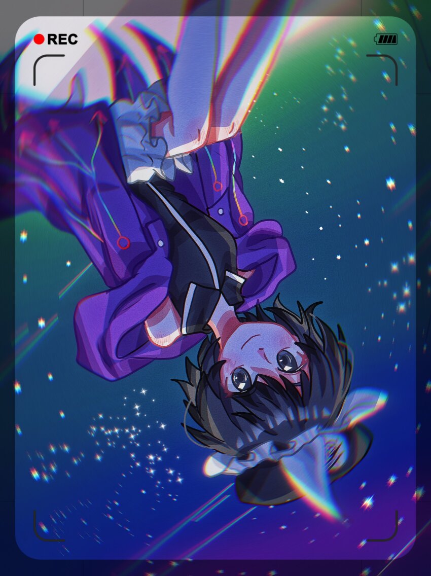 1other absurdres akddk263go69975 arrow_print bare_legs bare_shoulders black_border black_hair black_hat black_shirt border closed_mouth coattails collared_shirt commentary feet_out_of_frame floating frilled_headwear frilled_shorts frills grey_eyes hair_between_eyes happy hat highres hood hood_down hooded_jacket jacket len&#039;en light_blush long_sleeves meteor_shower mob_cap moon night night_sky open_clothes open_jacket outdoors print_jacket purple_jacket recording shirt shitodo_kuroji short_hair shorts sitting sky sleeveless sleeveless_shirt sleeves_past_fingers sleeves_past_wrists smile solo star_(sky) starry_sky triangular_headpiece upside-down white_shorts wide_sleeves