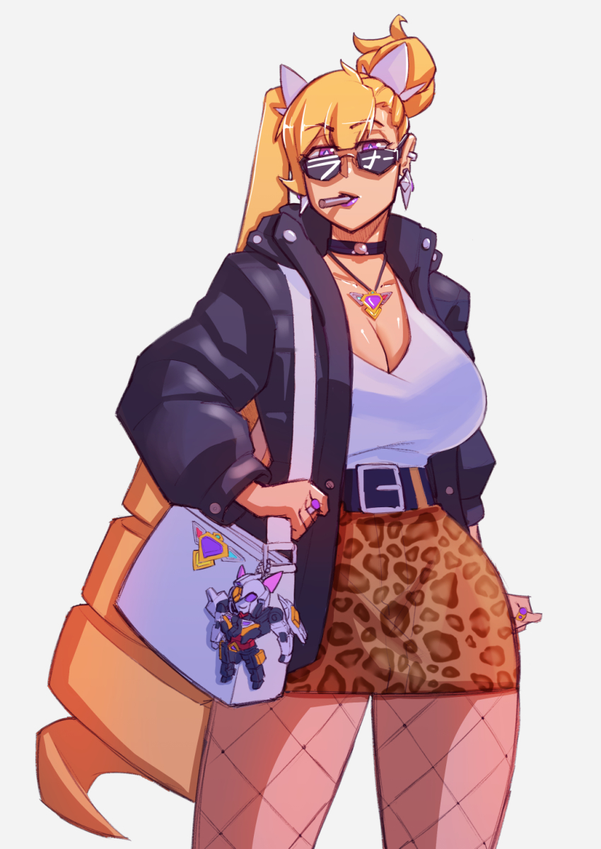 1girl animal_print bag belt black_belt black_jacket blonde_hair breasts cigarette cleavage collarbone commentary cosmikaizer drill_hair english_commentary fishnets galatikaizer_(comsikaizer) grey_background handbag highres in_mouth jacket jewelry lana_branford_(cosmikaizer) large_breasts leopard_print long_hair mecha necklace original purple_eyes purple_lips robot shirt shirt_tucked_in solo sunglasses twin_drills twintails uneven_twintails very_long_hair white_shirt