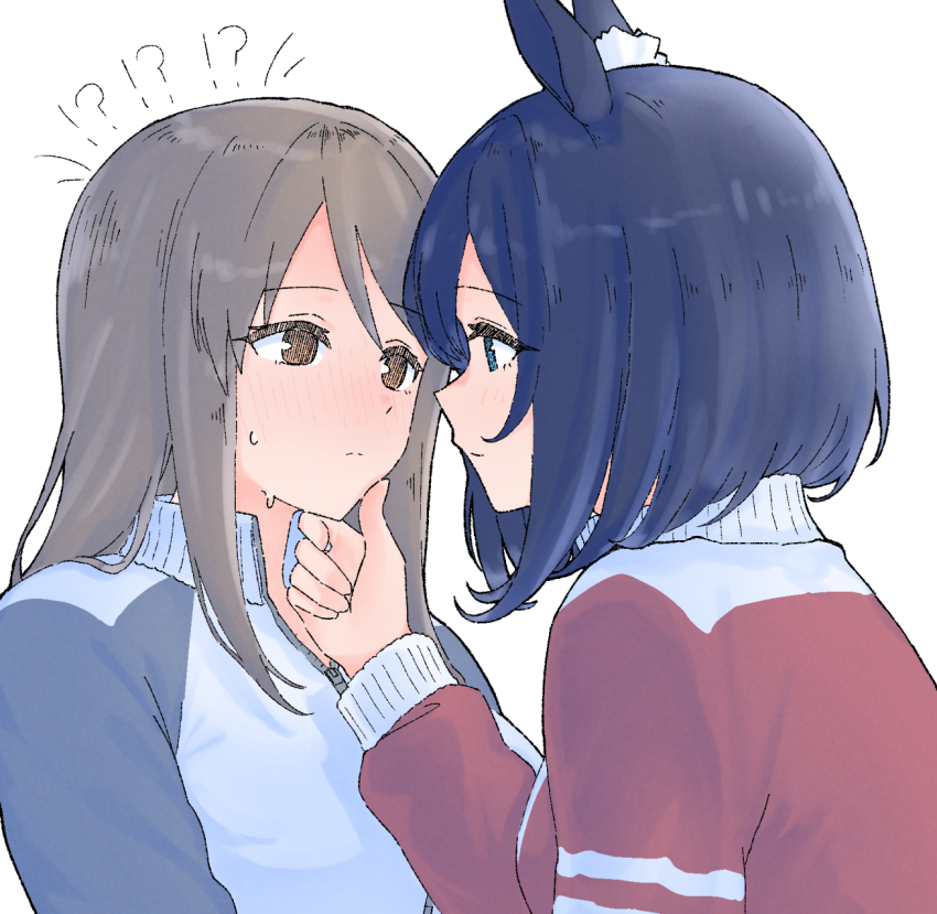 !? 2girls animal_ears blue_eyes blue_hair blue_jacket blush bob_cut closed_mouth eishin_flash_(umamusume) eye_contact face-to-face female_trainer_(umamusume) grabbing_another&#039;s_chin grey_hair hand_on_another&#039;s_chin highres horse_ears horse_girl inverted_bob jacket long_hair long_sleeves looking_at_another mi_4yo multiple_girls orange_eyes partially_unzipped red_jacket simple_background sweat tracen_training_uniform track_jacket trainer_(umamusume) umamusume upper_body white_background yuri