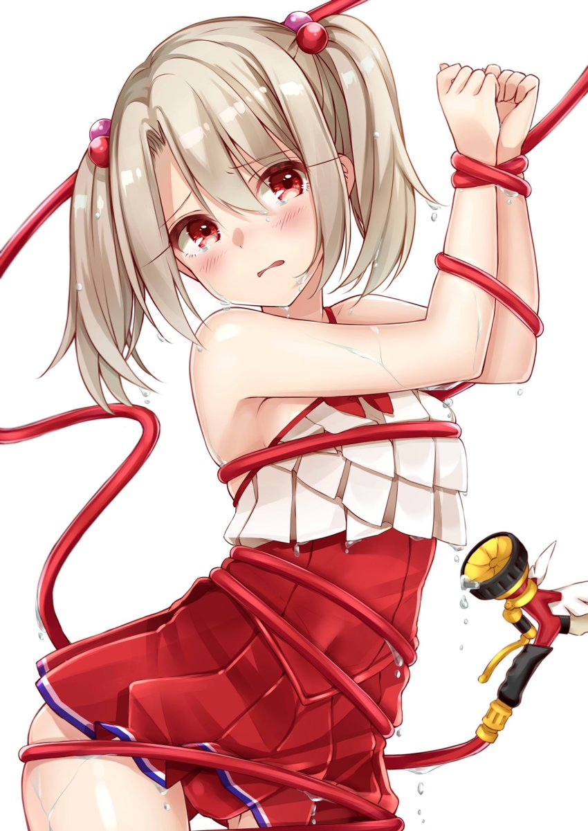 1girl blush breasts covered_navel dress_swimsuit fate/grand_order fate_(series) highres hose hose_nozzle illyasviel_von_einzbern illyasviel_von_einzbern_(swimsuit_archer) illyasviel_von_einzbern_(swimsuit_archer)_(second_ascension) long_hair looking_at_viewer magical_ruby magical_ruby_(hose) mikujin_(mikuzin24) one-piece_swimsuit red_eyes red_one-piece_swimsuit restrained small_breasts swimsuit thighs twintails wet white_hair