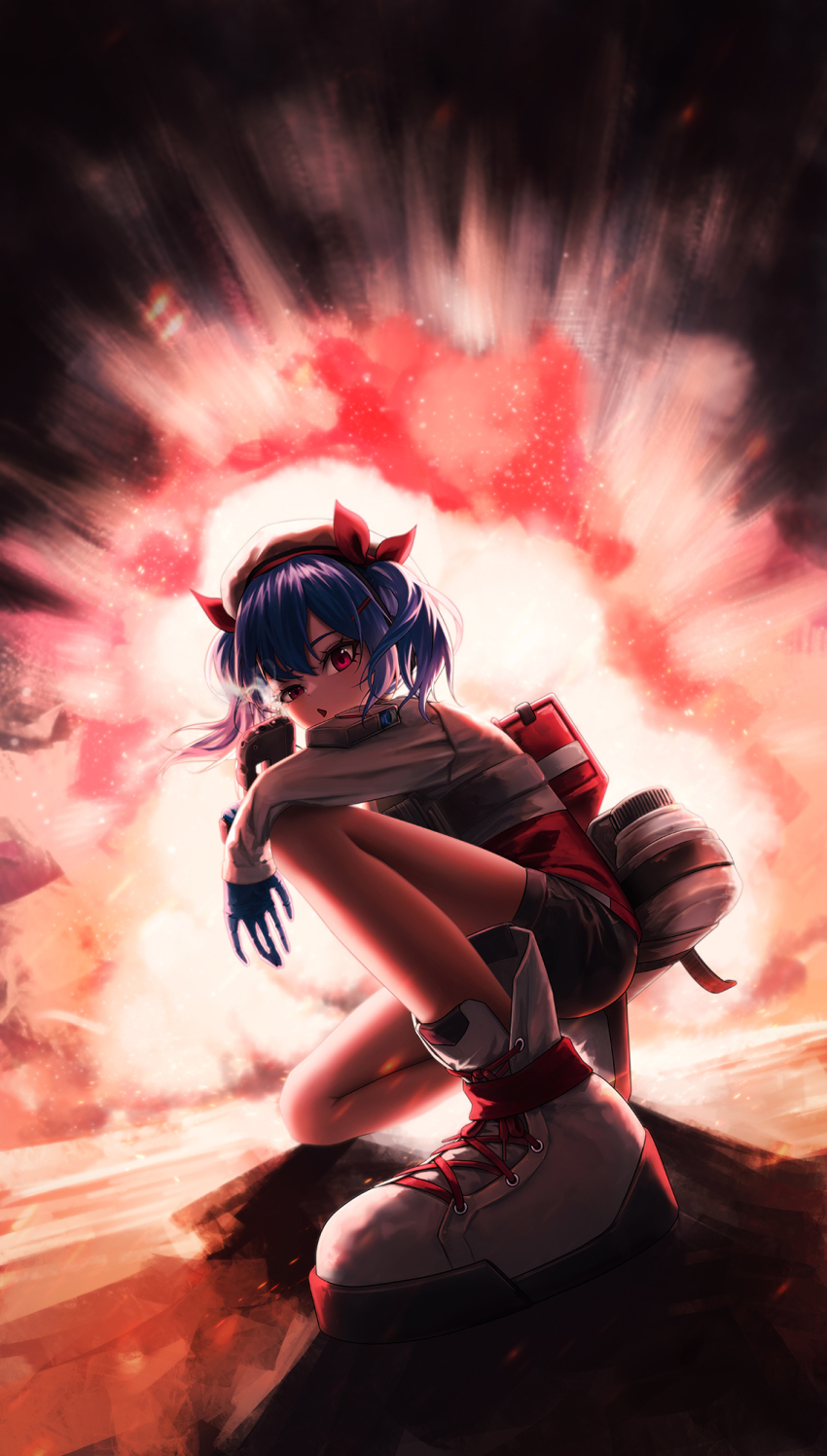 1girl beret black_pants blue_gloves blue_hair boots bow colphne_(girls&#039;_frontline_2) dindsau explosion explosion_background girls&#039;_frontline girls&#039;_frontline_2:_exilium gloves grey_boots gun hair_bow handgun hat highres holding holding_gun holding_weapon jacket kneeling pants pocket_pistol red_bow red_eyes short_shorts shorts solo taurus_curve twintails weapon white_jacket