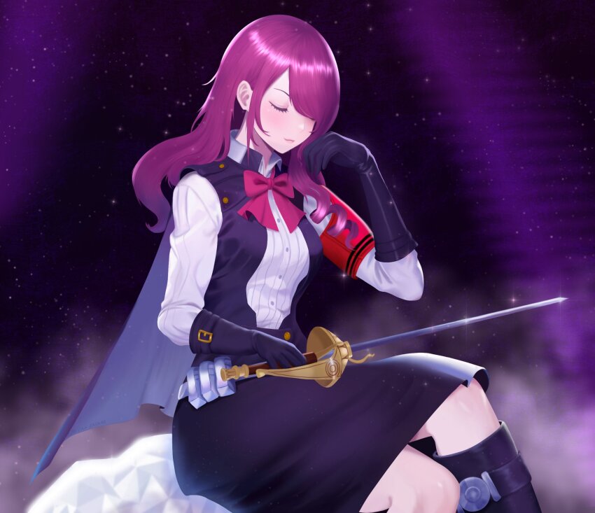 1girl armband black_boots black_gloves black_skirt blush boots bow bowtie breasts cape closed_eyes closed_mouth eyelashes feet_out_of_frame gekkoukan_high_school_uniform gloves hair_over_one_eye highres holding holding_sword holding_weapon kirijou_mitsuru long_hair medium_breasts mikan_zakuro night night_sky persona persona_3 purple_hair rapier red_armband red_bow red_bowtie s.e.e.s school_uniform sitting skirt sky solo star_(sky) starry_sky_background sword weapon