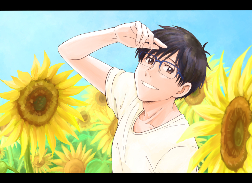1boy black_hair blue-framed_eyewear blue_sky brown_eyes day flower glasses katsuki_yuuri letterboxed male_focus shirt sky smile sunflower t-shirt takeshi_(mononohu20) upper_body yuri!!!_on_ice