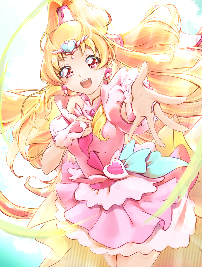 1girl blonde_hair brooch clear_glass_(mildmild1311) cure_tomorrow earrings gloves gradient_background green_background hair_ornament heart heart_brooch heart_earrings heart_hair_ornament heart_pouch high_ponytail highres hug-tan_(precure) hugtto!_precure jewelry long_hair looking_at_viewer magical_girl multi-tied_hair open_mouth ponytail precure short_sleeves smile solo very_long_hair waist_brooch