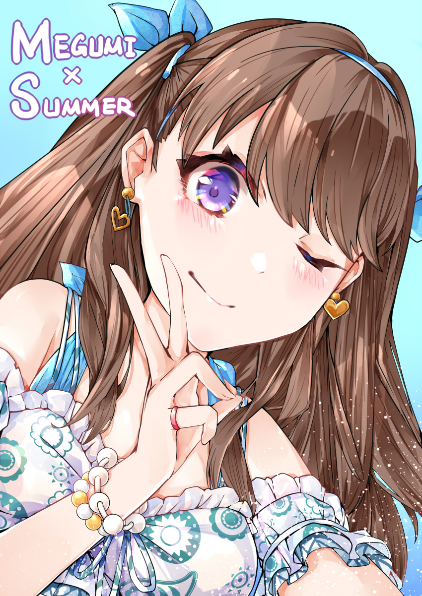 1girl ;) absurdres blue_background blue_hairband blush brown_hair closed_mouth commentary_request detached_sleeves earrings english_text frilled_shirt frills fujishima_megumi hairband heart heart_earrings highres jewelry light_particles link!_like!_love_live! long_hair looking_at_viewer love_live! mismatched_earrings natsumeki_pain official_alternate_costume one_eye_closed polymer77721 purple_eyes shirt sleeveless sleeveless_shirt smile solo split_mouth two_side_up upper_body v virtual_youtuber white_shirt