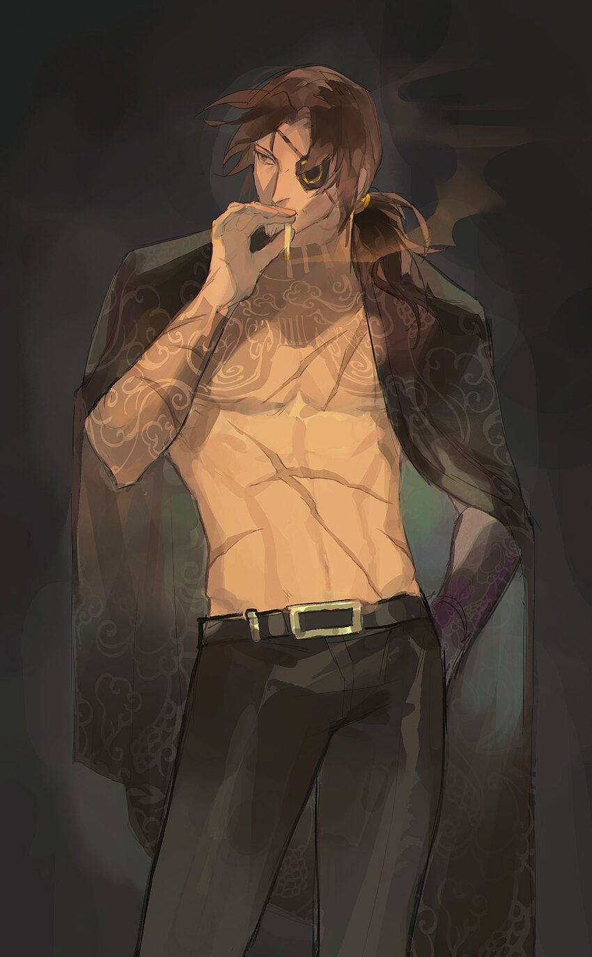 1boy abs belt brown_hair cigarette eyepatch gregor_(project_moon) hand_on_own_hip highres holding holding_cigarette irezumi jacket jacket_on_shoulders jing84672940 kurokumo_clan_(identity)_(project_moon) limbus_company low_ponytail male_focus multiple_scars pectorals ponytail project_moon prosthesis prosthetic_arm scar scar_on_arm scar_on_stomach smoking solo tattoo tattoo_sleeve toned toned_male upper_body yellow_eyes