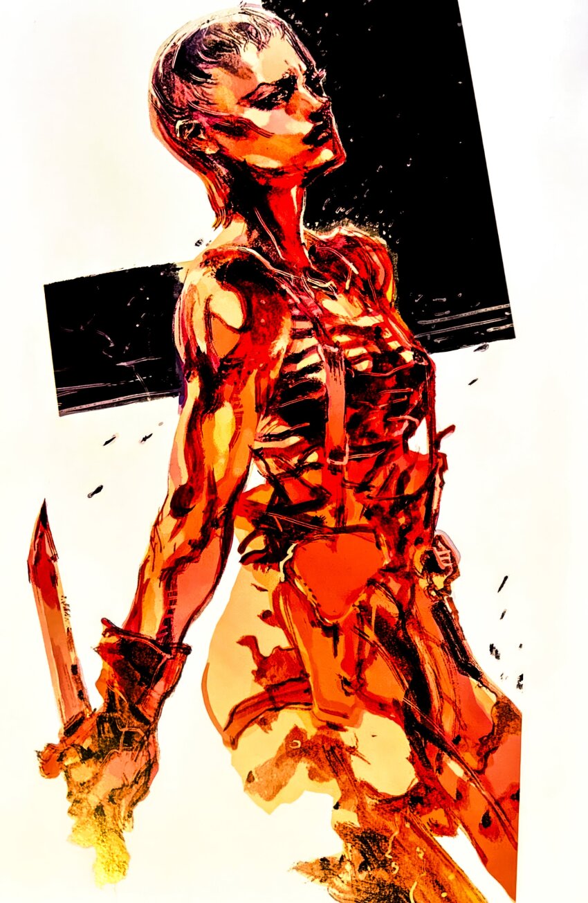 1girl absurdres black_background breasts camouflage camouflage_pants from_side gloves highres holding holding_knife knife looking_at_viewer medium_breasts metal_gear_(series) metal_gear_solid_2:_sons_of_liberty official_art olga_gurlukovich pants reverse_grip shinkawa_youji shirt short_hair sideways_glance simple_background sleeveless solo striped_clothes striped_shirt suspenders telnyashka third-party_source two-tone_background weapon white_background white_hair