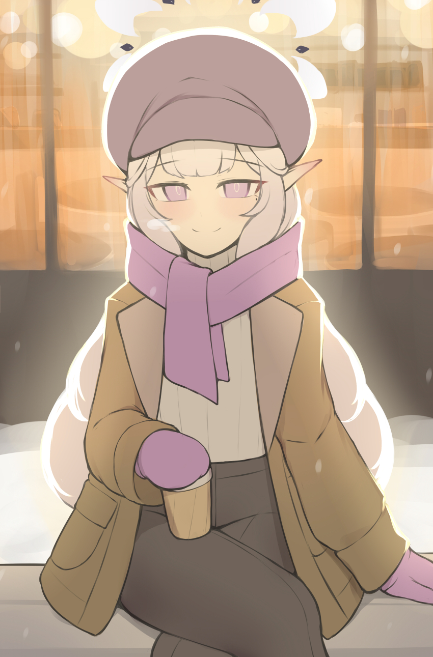 1girl absurdres alternate_costume blu_berry blue_archive blush breath brown_coat casual coat crossed_legs enpera grey_hair halo highres himari_(blue_archive) mittens mole mole_under_eye outdoors pointy_ears purple_eyes purple_mittens purple_scarf scarf sitting smile solo sweater white_sweater