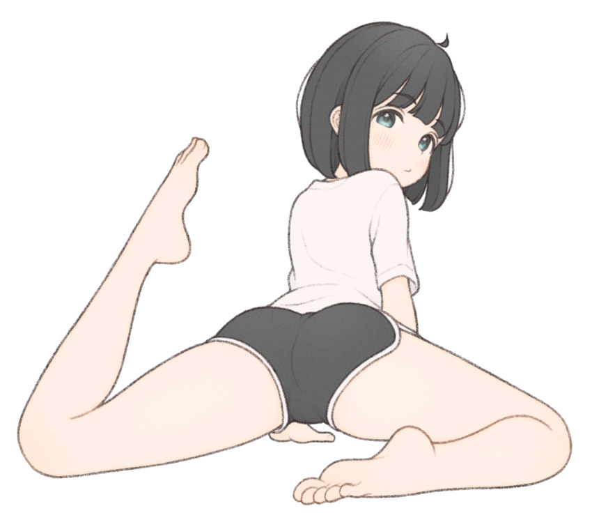 1girl 1ssakawaguchi ahoge ass bare_legs barefoot black_eyes black_hair black_shorts bob_cut closed_mouth dolphin_shorts feet from_behind highres ichika_(1ssakawaguchi) leg_up legs looking_at_viewer looking_back original shirt short_hair short_sleeves shorts simple_background soles solo thighs toes white_background white_shirt