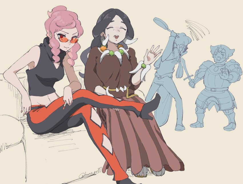 2boys 2girls armor black_hair breasts brown_skirt cropped_shirt drasna_(pokemon) frying_pan high_heels highres holding holding_frying_pan holding_sword holding_weapon huna_nr jewelry malva_(pokemon) midriff multiple_boys multiple_girls navel necklace nintendo pink_hair pokemon pokemon_xy siebold_(pokemon) sitting skirt squiggle sword tooth_necklace weapon wikstrom_(pokemon)