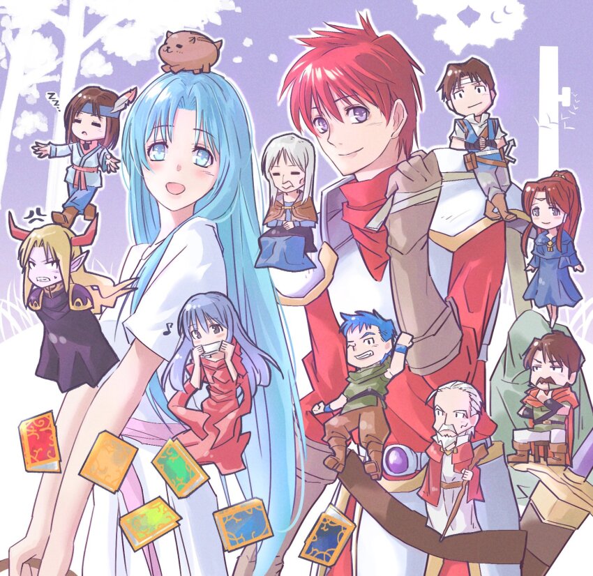 4girls 6+boys =_= adol_christin ancient_ys_vanished anger_vein armor blonde_hair blue_eyes blue_hair blue_headband blue_robe book boots brown_footwear brown_gloves brown_hair cape closed_mouth colored_skin commentary_request curtained_hair dark_fact dogi_(ys) dress facial_hair feena_(ys) george_man gloves goban_tovah grey_eyes harmonica headband high_ponytail highres holding holding_staff horns instrument jeba_tovah long_hair luta_gemma mini_person miniboy minigirl multiple_boys multiple_girls music musical_note mustache old old_man old_woman open_mouth orange_cape pauldrons pikkard_(ys) playing_instrument pointy_ears ponytail purple_background purple_skin raba_(ys) reah_(ys) red_hair red_robe robe sara_tovah short_hair shoulder_armor slaff_(ys) sleepwalking smile staff white_dress white_headband ys zzz