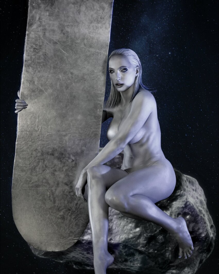 1girl barefoot bodypaint breasts convenient_censoring cosplay curvy fantastic_four grey_hair highres holding holding_surfboard long_hair makeup marvel medium_breasts missbrisolo navel parted_lips photo_(medium) real_life revealing_clothes shiny_skin silver_surfer_(shalla-bal) silver_surfer_(shalla-bal)_(cosplay) sitting surfboard wide_hips