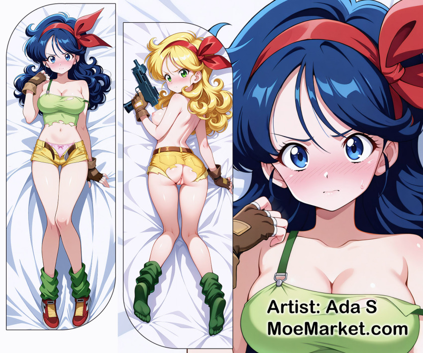 1girl blonde_hair blue_eyes blue_hair collarbone dakimakura_(medium) dragon_ball dragon_ball_(classic) gloves green_eyes green_tank_top hairband highres lunch_(bad)_(dragon_ball) lunch_(dragon_ball) lunch_(good)_(dragon_ball) tank_top