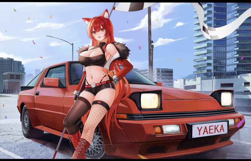 1girl absurdres animal_ears asymmetrical_legwear bare_shoulders belt black_gloves black_shirt black_shorts boots breasts brown_thighhighs checkered_flag cleavage cleavage_cutout clothing_cutout commission crop_top cropped_jacket cutoffs day fingerless_gloves fishnet_thighhighs fishnets flag fur_trim gloves hand_on_own_hip highleg highres holding holding_flag jacket kcar66t knee_boots lace-up large_breasts long_hair long_sleeves looking_at_viewer micro_shorts midriff mitsubishi_starion navel off_shoulder open_clothes open_jacket open_mouth orange_eyes original outdoors panty_straps race_queen red_boots red_hair red_jacket shirt shorts sleeveless sleeveless_shirt smile solo stomach thighhighs thighs vehicle_request very_long_hair vgen_commission wide_shot