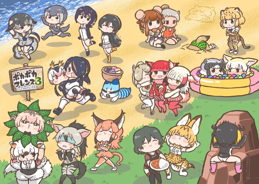 10s 6+girls :3 aardwolf_(kemono_friends) alpaca_ears alpaca_suri_(kemono_friends) alpaca_tail animal_ears animal_print anteater_ears anteater_tail apron bactrian_camel_(kemono_friends) ball_pit bare_shoulders bird_tail bird_wings black-tailed_prairie_dog_(kemono_friends) black_hair blindfold blonde_hair blush bow bowtie camel_ears caracal_(kemono_friends) carrying center_frills cetacean_tail collared_shirt commentary_request common_raccoon_(kemono_friends) crossed_arms curry curry_rice dress dromedary_(kemono_friends) elbow_gloves emperor_penguin_(kemono_friends) fang fennec_(kemono_friends) fingerless_gloves fins fish_tail food fox_ears frilled_dress frilled_skirt frills fur_collar gentoo_penguin_(kemono_friends) gloves green_eyes grey_hair hair_bow hair_over_one_eye hands_on_own_head head_wings high-waist_skirt highres hippopotamus_(kemono_friends) hippopotamus_ears hood hood_down hoodie humboldt_penguin_(kemono_friends) jaguar_(kemono_friends) jaguar_ears jaguar_tail japanese_crested_ibis_(kemono_friends) kaban_(kemono_friends) kemono_friends kemono_friends_pavilion kotobuki_(tiny_life) leopard_print leotard light_brown_hair long_hair long_sleeves lucky_beast_(kemono_friends) multicolored_hair multiple_girls narwhal_(kemono_friends) neckerchief necktie no_headwear nose_blush one-piece_swimsuit otter_ears otter_tail pantyhose penguin_tail piggyback pink_hair plaid_clothes plaid_skirt playground_equipment_(kemono_friends_pavilion) pleated_skirt ponytail princess_carry puffy_short_sleeves puffy_sleeves raccoon_ears red_hair rice rockhopper_penguin_(kemono_friends) royal_penguin_(kemono_friends) sailor_dress sand scarlet_ibis_(kemono_friends) serval_(kemono_friends) serval_tail shirt short_hair short_sleeves silky_anteater_(kemono_friends) sitting skirt sleeveless small-clawed_otter_(kemono_friends) smile southern_tamandua_(kemono_friends) standing standing_on_one_leg streaked_hair sweatdrop swimsuit tail thighhighs toeless_legwear traditional_bowtie translation_request twintails wavy_mouth white_hair wings zettai_ryouiki