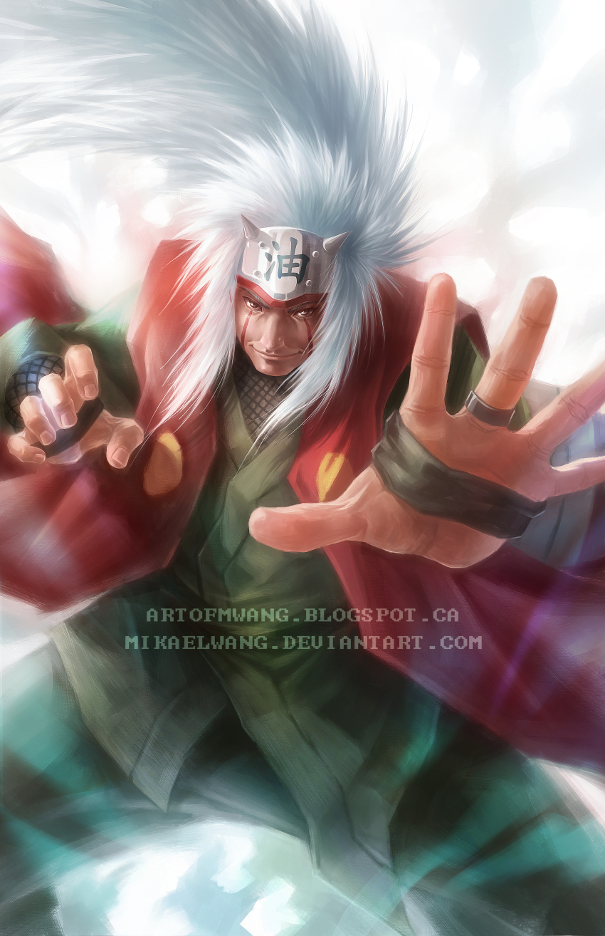 1boy absurdres artist_name bracer closed_mouth commentary deviantart_username english_commentary facial_mark fake_horns fighting_stance fingernails fishnet_sleeves fishnets forehead_protector green_jacket green_pants highres horns jacket japanese_clothes jewelry jiraiya_(naruto) layered_clothes long_hair long_sleeves looking_at_viewer male_focus mikael_wang naruto_(classic) naruto_(series) ninja pants ring smile solo watermark web_address white_hair