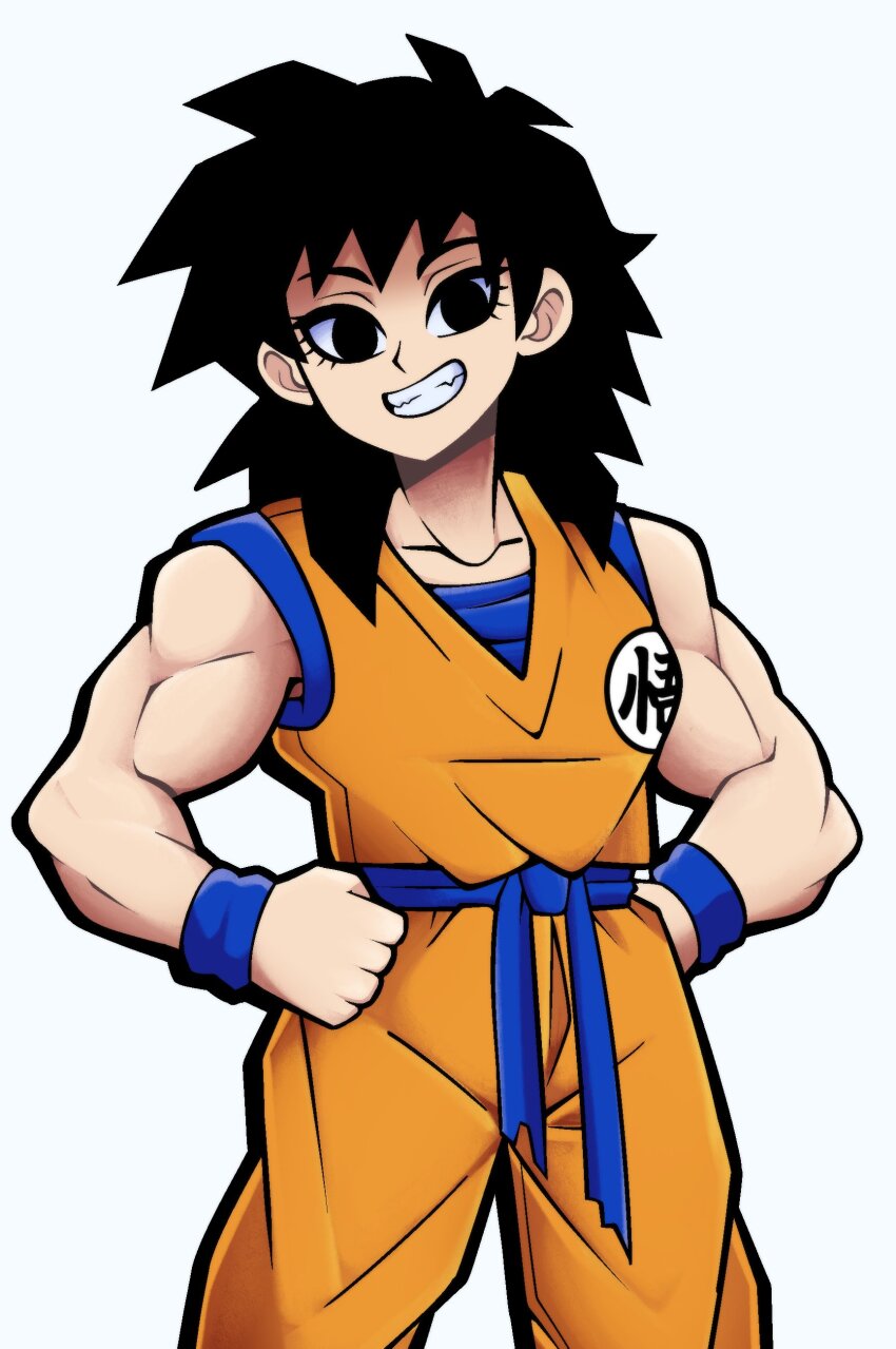 1girl absurdres alternate_muscle_size black_eyes black_hair commentary cosplay dougi dragon_ball dragon_ball_minus dragonball_z english_commentary gine grin hands_on_own_hips highres kermittend medium_hair muscular muscular_female smile solo son_goku son_goku_(cosplay) wristband