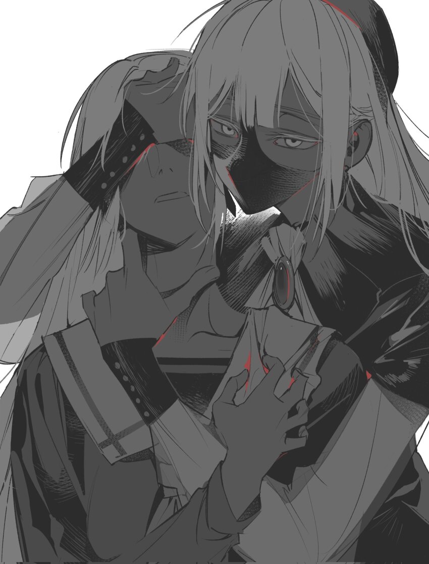2girls ascot bang_dream! bang_dream!_it&#039;s_mygo!!!!! beret brooch clutching_chest commentary covering_another&#039;s_eyes earrings greyscale hashtag-only_commentary hat highres jewelry long_hair long_sleeves mask monochrome mortis_(bang_dream!) mortis_(costume)_(bang_dream!) mortis_(persona)_(bang_dream!) mouth_mask multiple_girls niello5 open_mouth school_uniform simple_background tsukinomori_school_uniform upper_body wakaba_mutsumi white_background