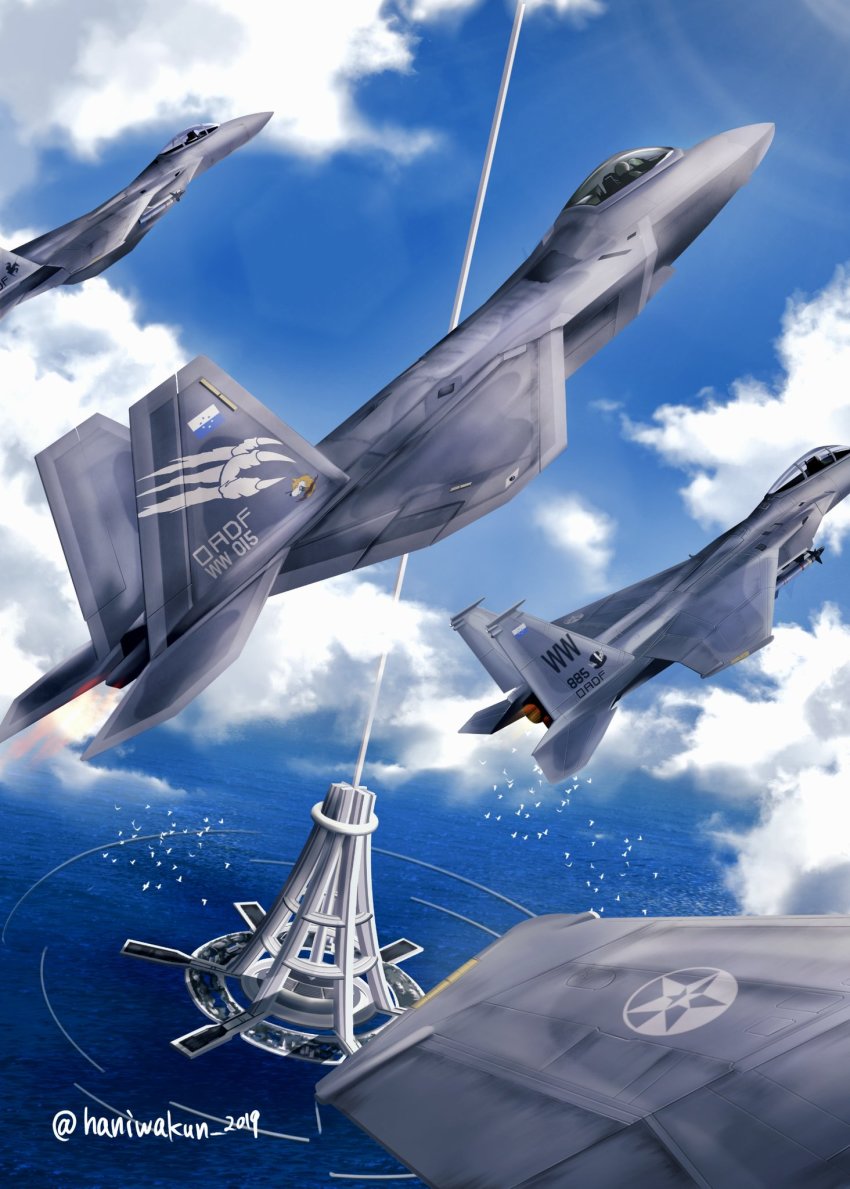 ace_combat ace_combat_7 aircraft airplane artist_name bird blue_sky cloud count_(ace_combat_7) day f-15_eagle f-22_raptor fighter_jet haniwakun_2019 highres huxian lighthouse military military_vehicle pilot scenery sky strider_squadron structure sunlight tower trigger_(ace_combat) twitter_username water