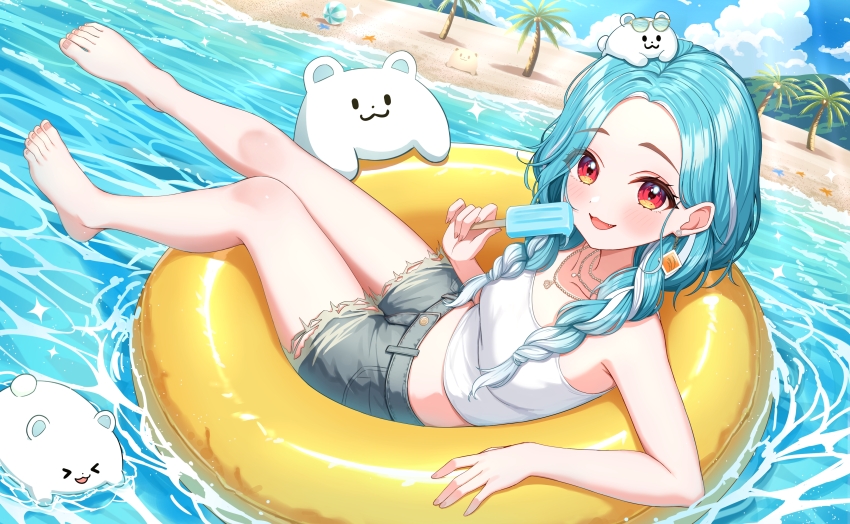1girl absurdres aqua_hair barefoot beach braid denim denim_shorts earrings food forehead full_body highres holding holding_food holding_ice_cream ice_cream jewelry long_hair looking_at_viewer midriff multicolored_hair necklace open_mouth outdoors red_eyes shiranami_ramune shirt shorts smile streaked_hair sunamama4788 swim_ring twin_braids virtual_youtuber vspo! white_hair white_shirt