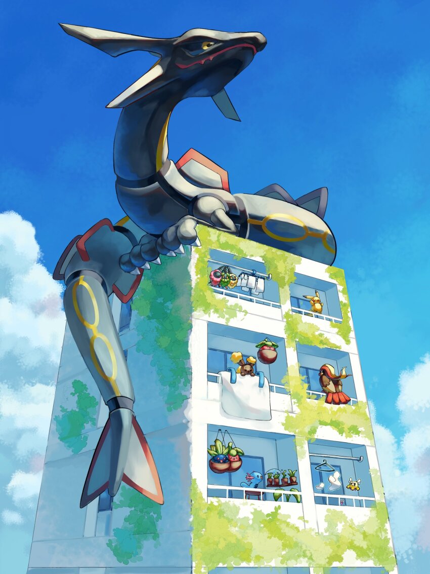 2girls 6+others alternate_color blanket blue_sky bounsweet building buneary burmy burmy_(plant) burmy_(sandy) burmy_(trash) clothes_hanger cloud cumulonimbus_cloud flittle gen_1_pokemon gen_2_pokemon gen_3_pokemon gen_4_pokemon gen_7_pokemon highres legendary_pokemon looking_down moss multiple_girls multiple_others nintendo no_humans oddish p9kfxaofqi54546 perched pidgeot pikachu plant_monster pokemon railing rayquaza shiny_pokemon sky skyscraper telekinesis towel tower window wooper