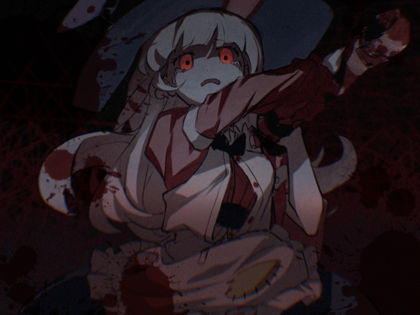 1girl animal_ears animal_hat apron blood blood_in_hair blood_on_clothes blood_on_hat blood_splatter club club_(weapon) crying crying_with_eyes_open glowing glowing_eyes hat highres holding holding_weapon horror_(theme) irisu_kyouko irisu_shoukougun! long_hair long_sleeves looking_at_viewer open_mouth pink_shirt rabbit_ears red_background red_eyes ryuh_(asahina_neru) shirt solo spiked_club tears upper_body weapon white_apron white_hair witch_hat