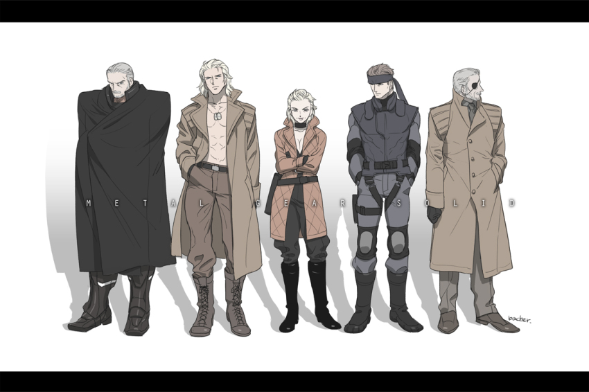 1girl 4boys abs bacher bandana beard big_boss blonde_hair bodysuit boots breasts brown_hair cape choker cleavage coat combat_boots crossed_arms dog_tags elbow_pads eva_(metal_gear) eyepatch facial_hair ghost_in_the_shell ghost_in_the_shell:_stand_alone_complex ghost_in_the_shell_lineup gloves grey_hair hand_in_pocket knee_pads lace-up_boots letterboxed liquid_snake mature_female medium_breasts metal_gear_(series) metal_gear_solid metal_gear_solid_2:_sons_of_liberty mullet multiple_boys mustache open_clothes open_coat parody solid_snake solidus_snake topless_male trench_coat